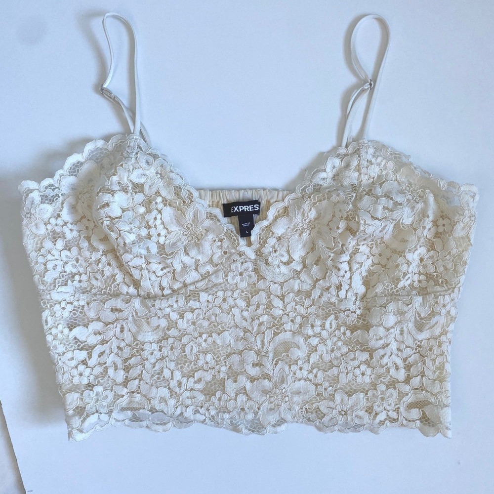 Express Womens Cream Floral Lace Smocked Back Cropped Cami Top Large 00863780 - Picture 11 of 11